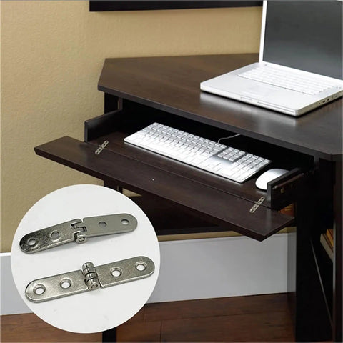 12 Pack 180 Degree Screw On Hinges for cabinet doors, showing hinge detail in corner desk setup with laptop and keyboard