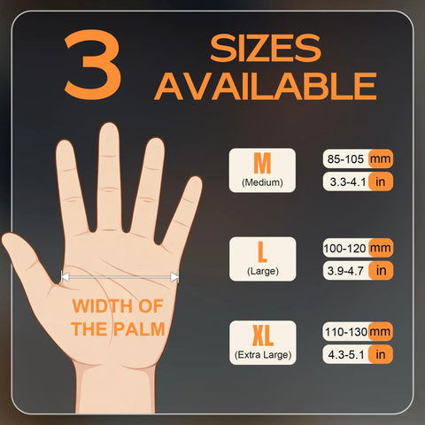 3 Sizes Available for Super Heavy Duty Nitrile Work Gloves 8 Mil Thick Industrial Mechanics Disposable, showing palm width measurement.
