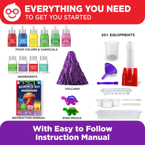 Ultimate Science Experiments Kit For Kids Ages 8 and Up With 50 Plus Fun Experiments Color Changing Volcanoes Rainbow Crystals Hands On STEM Learning Easy To Follow Instructions Real Scientist Vibe For Curious Young Minds, kit contents