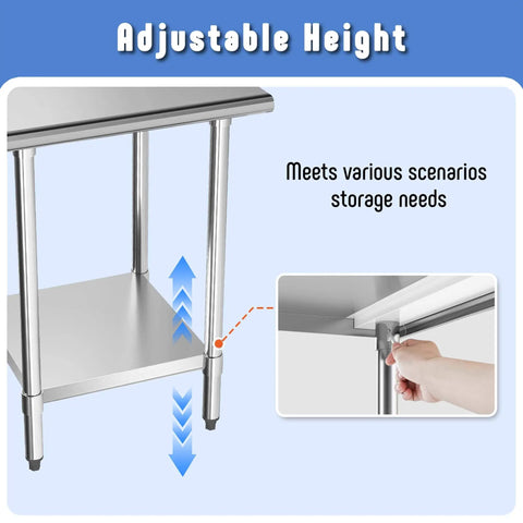 NSF Certified Stainless Steel Prep Table With Adjustable Undershelf 24 By 24 Inch Tabletop Heavy Duty Work Table height adjustment feature