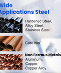 Wide applications of Beefy 5-Piece Carbide End Mill Set on steel, cast iron, aluminum, copper, and non-ferrous metals.