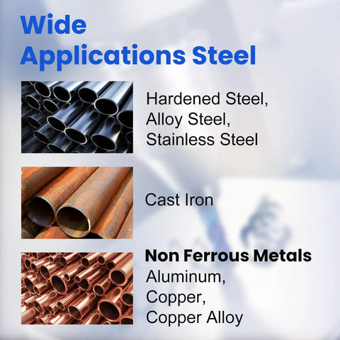 Wide applications of Beefy 5-Piece Carbide End Mill Set on steel, cast iron, aluminum, copper, and non-ferrous metals.