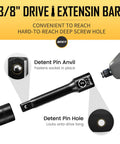 Three Eighths Inch Drive Deep Impact Socket Set Kit with 16 Piece Metric Sockets showing pin anvil and pin hole features