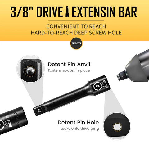 Three Eighths Inch Drive Deep Impact Socket Set Kit with 16 Piece Metric Sockets showing pin anvil and pin hole features