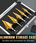 5-piece titanium step drill bit set in aluminum storage case, gold-coated HSS bits, sizes 3/16in to 1-3/8in