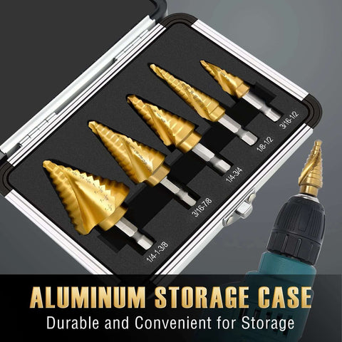 5-piece titanium step drill bit set in aluminum storage case, gold-coated HSS bits, sizes 3/16in to 1-3/8in