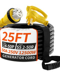 Beefy 50 Amp Generator Cord, 25Ft RV Extension Cable With 14-50P To SS2-50R, Emergency Home Power Backup, Safe Auto Transfer Switch Ready, Weatherproof Outdoor Generator Extension For Blackouts And Storms, coiled with yellow plugs