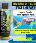 Slick UV Dye Kit For Finding Pool Leaks In Inground And Above Ground Pools Spa Or Hot Tub, 8oz bottle, fluorescent yellow dye in water.