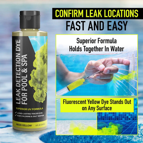 Slick UV Dye Kit For Finding Pool Leaks In Inground And Above Ground Pools Spa Or Hot Tub, 8oz bottle, fluorescent yellow dye in water.
