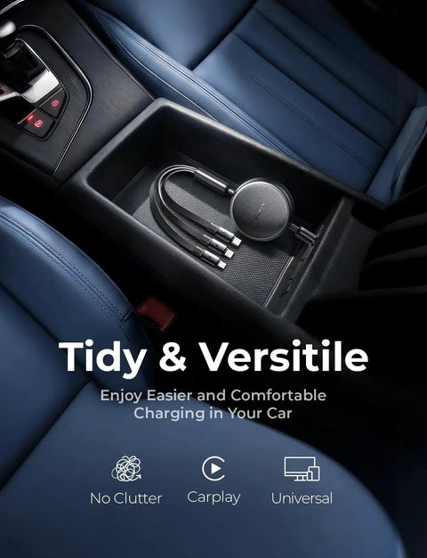 3 In 1 Retractable Car Charger Cable With USB C, Lightning And Micro USB Ports in car console, blue interior, organized charging