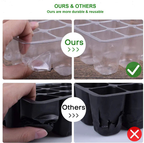 Comparison of durable clear 12 Pack Seed Starter Trays With 144 Cells Humidity Adjustable Dome Kit and black damaged trays