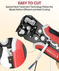 Close-up of 3 In 1 Wire Stripper Cutter And Crimping Pliers For 24 10 AWG Wire with ergonomic red handle cutting wire
