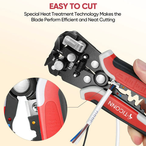 Close-up of 3 In 1 Wire Stripper Cutter And Crimping Pliers For 24 10 AWG Wire with ergonomic red handle cutting wire