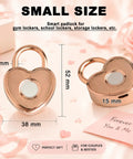 Dope Heart Shaped Fingerprint Padlock In Rose Gold Small Smart Lock, dimensions shown, Valentine's gift idea card "Forever You & Me" nearby.