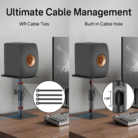 Heavy Duty Desktop Speaker Stands Pair With Height And Angle Adjustable Design For Studio Monitors And Bookshelf Speakers Cable Management Anti Slip Wide 9.3 Inch By 8.9 Inch Platforms Made For Your Desk Setup shown with cable ties and built-in hole