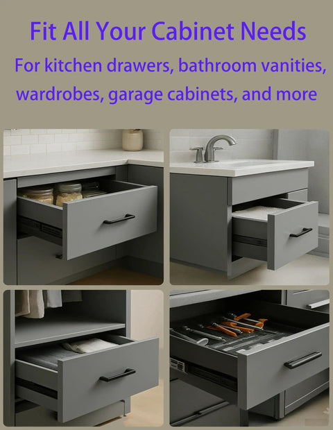 18 Inch Soft Close Drawer Slides, 10 Pairs, installed in various bathroom vanities and small cabinets for smooth operation