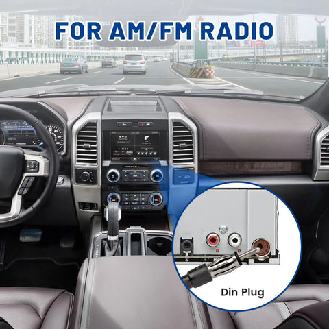 Dashboard view with Low Profile 9 Inch AM FM Universal Antenna showing DIN plug for car radio installation.