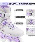 Pro Grade Inline Skates For Adults And Teens, purple unibody shell, close-up of triple security protection and buckles.