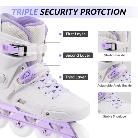 Triple protection layers on high performance inline skates for adults with pro style for racing street and figure skating.