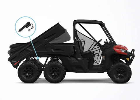 Heavy Duty 12Vdc Electric Dump Bed Lift Kit Generating 899 Lbs Force And 11 Point 34 Inch Stroke shown on UTV with bed raised.