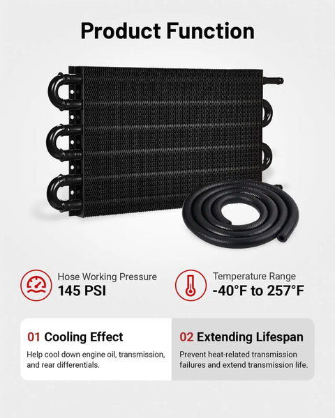 Universal Aluminum Transmission Cooler Kit with six pass tube and fin design shown with hose, black finish.