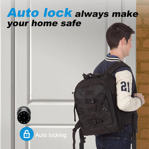 Person near Smart Door Knob Biometric Lock With Keypad And App Control Keyless Entry For Your Pad Home Office Apartment Hotel And More Fingerprint Passcode IC Card And Mechanical Key Easy Install Black on white door