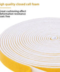 Top Tier Closed Cell Weather Stripping Foam Tape Four Rolls White Door Window Gasket Seal Self Adhesive Draft Blocker For Cars And Homes 1/4 In Wide By 1/8 In Thick Totals Fifty Two Feet Of Ridiculously Tight Coverage And No Mess Setup rolled foam tape showing yellow and white layers.
