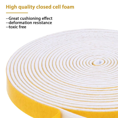 Top Tier Closed Cell Weather Stripping Foam Tape Four Rolls White Door Window Gasket Seal Self Adhesive Draft Blocker For Cars And Homes 1/4 In Wide By 1/8 In Thick Totals Fifty Two Feet Of Ridiculously Tight Coverage And No Mess Setup rolled foam tape showing yellow and white layers.