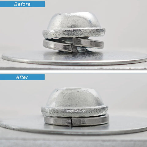 Comparison of Set Of 100 No 10 Split Lock Washers For Rugged Jobs, 304 Stainless Steel with Silver Finish in before and after use.