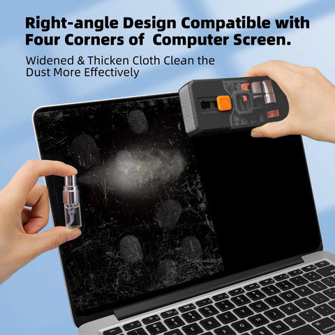 All In One Keyboard Cleaner And Laptop Cleaning Kit with hands using tools on MacBook screen.