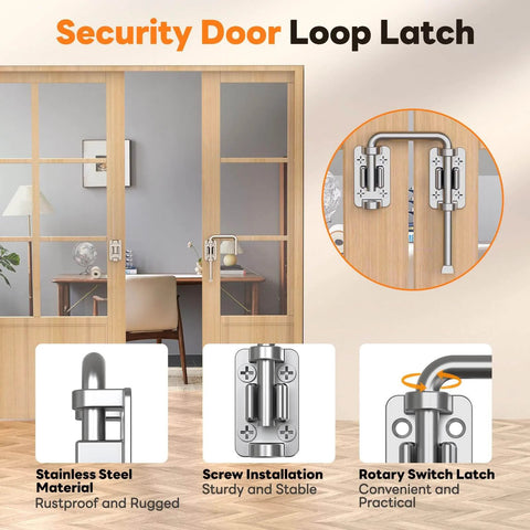 Close-up of installed stainless steel security door loop latch on sliding doors with screw installation and rotary switch.