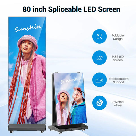 Hella Crisp 80 Inch Led Digital Signage Display Ready To Roll With Foldable Seamless Stitch Panels And Sleek P1.86 Gob Screen Module Turnkey Commercial Advertising Kiosk With Hard Flight Case For Events Or Weddings Black Pair with foldable design and stable support.