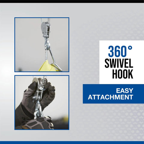 Strongway 1100 Lb Electric Cable Hoist With 2200 Lb Double Line Capacity For Garage Use features 360° swivel hook for easy attachment.