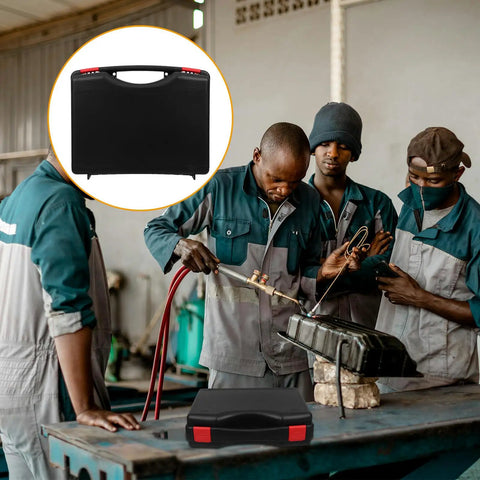 Badass Low Profile Plastic Toolbox With Tight Fitting Lid And Ergonomic Handle For All Your Bolts And Art Pieces, shown in a workshop.