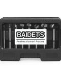 Front view of BAIDETS 8-piece Forstner bit set in black plastic case with visible bits and logo
