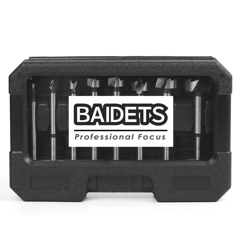 Front view of BAIDETS 8-piece Forstner bit set in black plastic case with visible bits and logo