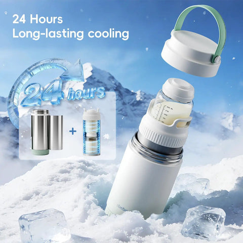 Double Wall Vacuum Insulated Breast Milk Cooler Keeps Your Baby Stash Frosty For Over 24 Hours With Premium Steel Core And Leakproof Lid on icy surface.