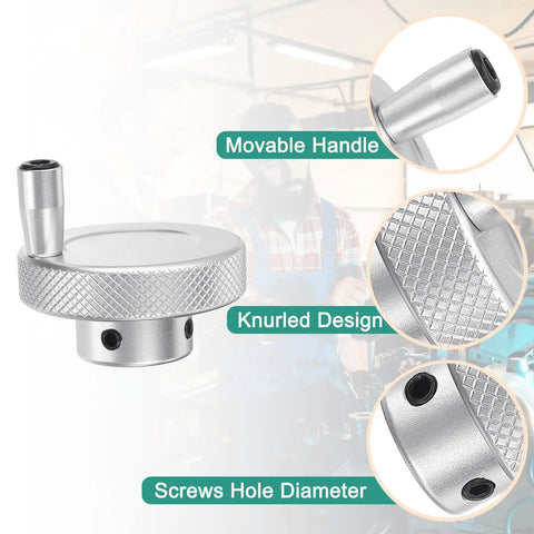 50mm OD Lathe Hand Wheel With Rotate Handle For Milling Machine Aluminum Alloy Build 5mm Bore 27mm Height Includes Wrench And 2 Screws Silver Tone Durable Yet Lightweight Smooth Operation featuring close-up details of handle, knurled design, and screw holes.