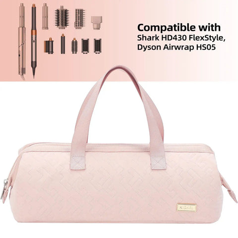 Travel Hair Tools Case And Organizer For Airwrap And Dryer Attachments Portable Pink Storage Bag. Compatible with Shark FlexStyle HD430 and Dyson Airwrap HS05 attachments.
