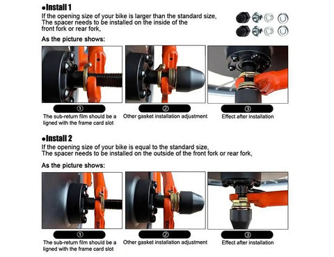 Installation guide for Ebike Hub Motor Lock Nuts And Washer Set For 14mm Shaft 750W To 1500W Motors with images of steps.