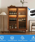 Cabinet with metal sliding door track kit for 1/4-inch glass panels, 48-inch black track system for smooth quiet glide