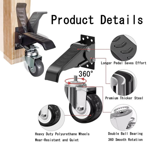 Heavy Duty Retractable Casters Set Of 4 Foot Pedal Lifting Wheels For Workbenches Tables Shop Equipment Adjustable Stepdown Roll Heavy Loads Smooth As Butter Always with 360-degree swivel and steel construction.