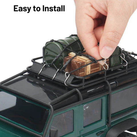 Trail Ready RC Crawler Accessories Kit For 1 By 18 And 1 By 24 Scale Rigs Roof rack installation on green model vehicle.