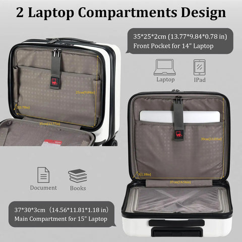 Open view of Lightweight 16 Inch Carry On Luggage With Dual Compartments For 14 And 15 Inch Laptops showing pockets.