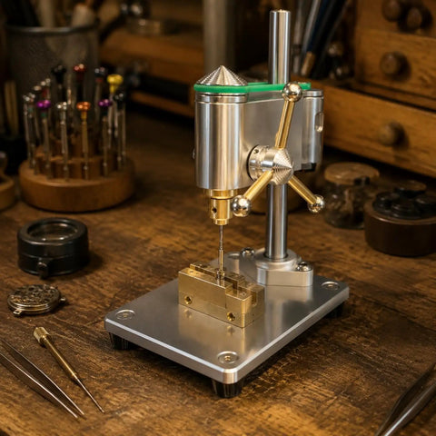 Precision Mini Bench Drill Press With 12V Power Supply For Watch Repair And Tiny Electronics on a wooden workbench.