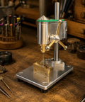 Compact Mini Machine Bench Drill Press For Tiny Spaces Precision Micro Electric Power Tool on wooden workbench, aluminum frame, precision drilling.