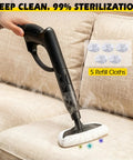 Hella Powerful 1500W Steam Cleaner With 36 Piece Attachment Kit And 1.5L Tank in use on a couch with steam and refill cloth.