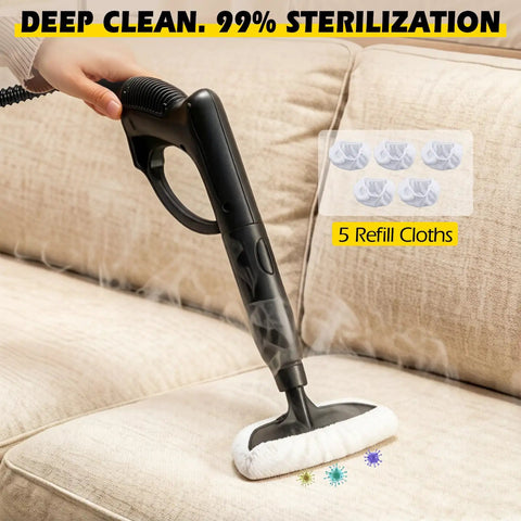 Hella Powerful 1500W Steam Cleaner With 36 Piece Attachment Kit And 1.5L Tank in use on a couch with steam and refill cloth.