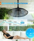 Outdoor Patio Ceiling Fan With Remote And App Control, 20 Inch, IP65 Waterproof, hanging above a woman relaxing on porch
