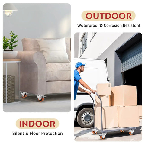 Heavy Duty 2 Inch Swivel Caster Wheels Set Of 4 Locking Plate on a sofa and utility cart for indoor and outdoor use.